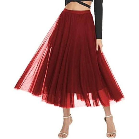 Long Tulle Skirt Layered Flowy Red - Picture 2 of 3